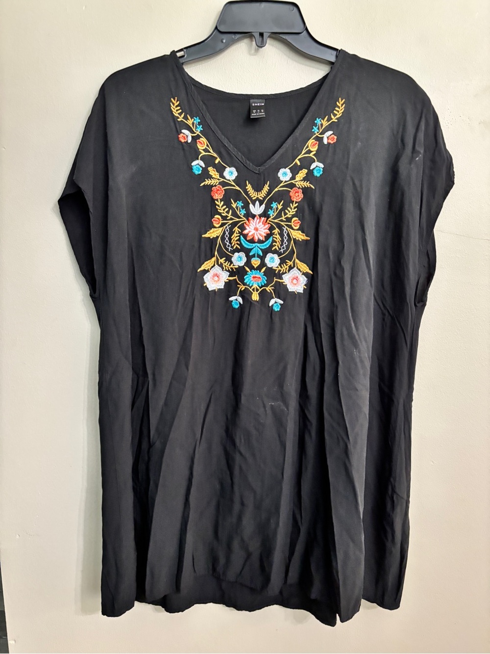 SHEIN Black V-Neck Tunic/Mini Dress with Multicolor Floral Embroidery
